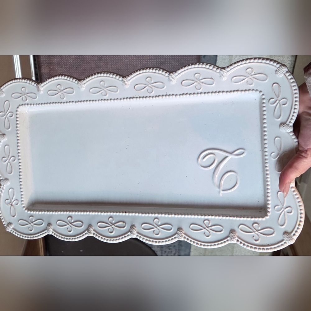 Ceramic Mud Pie Initial Hostess Platter 17x9" Monogrammed Embossed Letter "T"